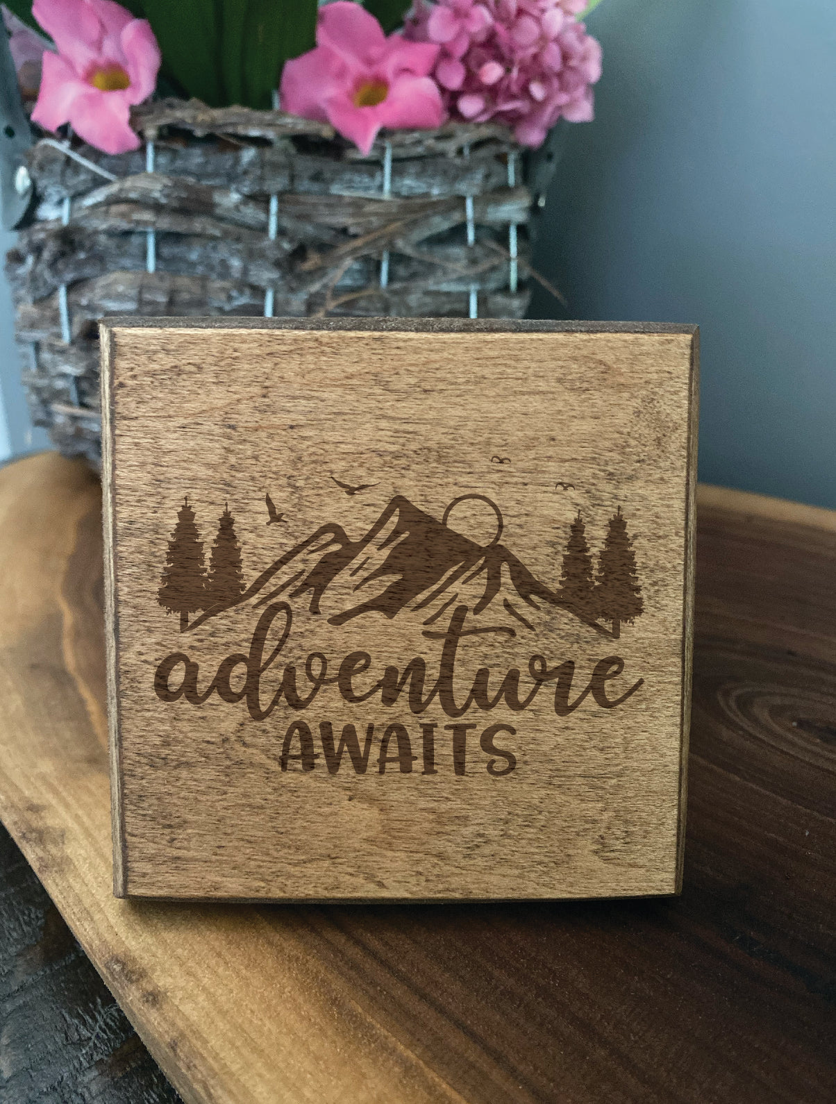 Set of four Wood burned coasters with (adventure awaits).