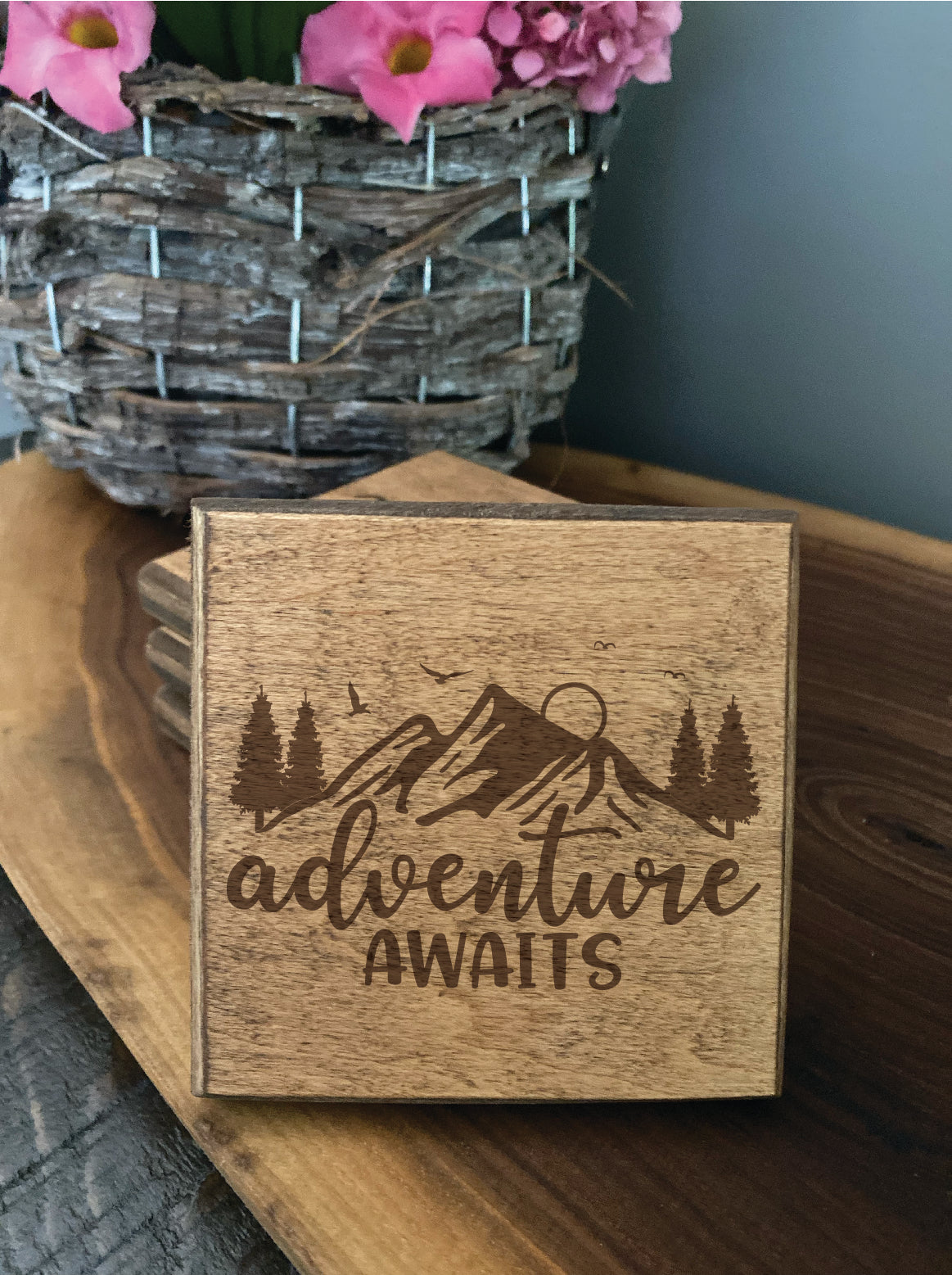 Set of four Wood burned coasters with (adventure awaits).