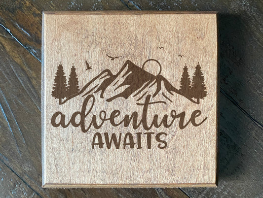 Set of four Wood burned coasters with (adventure awaits).