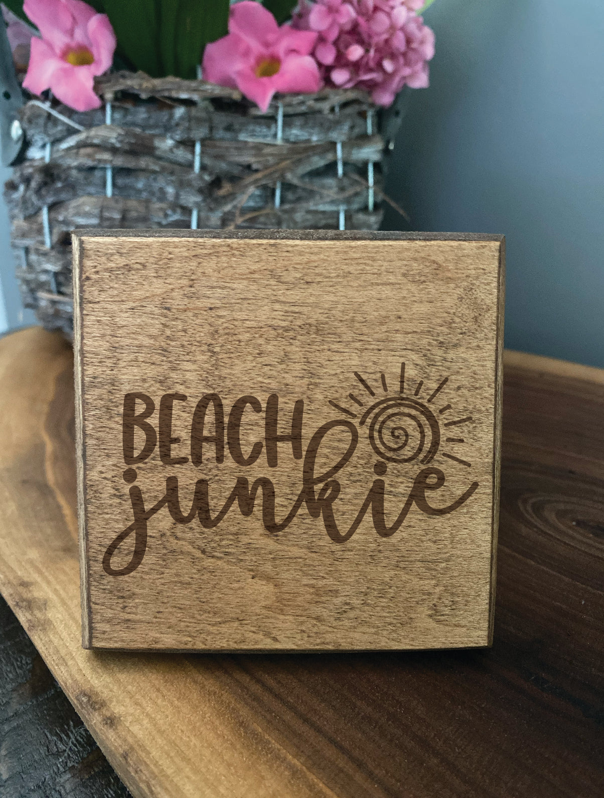 Set of four wood burned coasters with (Beach junkie).