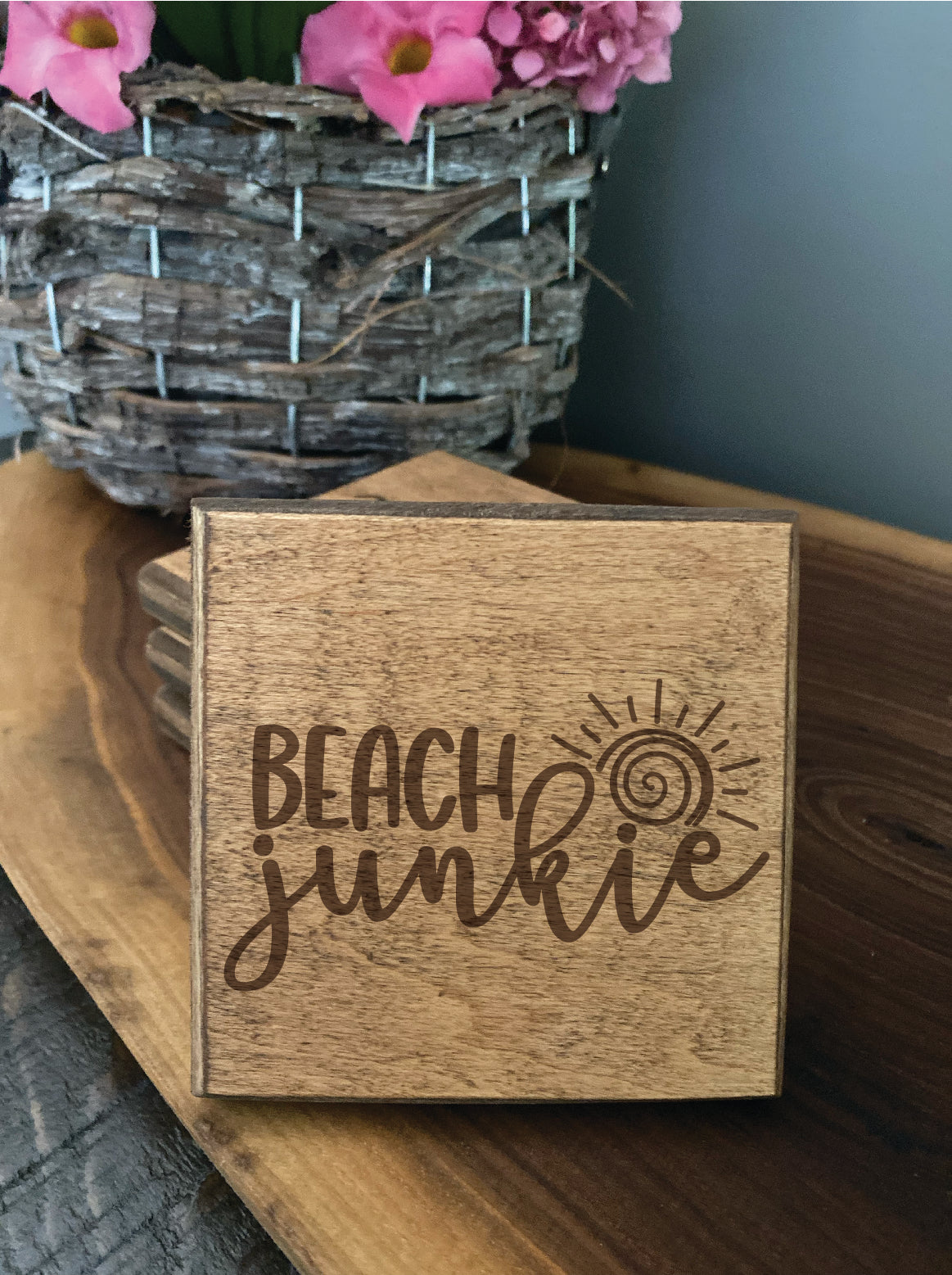 Set of four wood burned coasters with (Beach junkie).