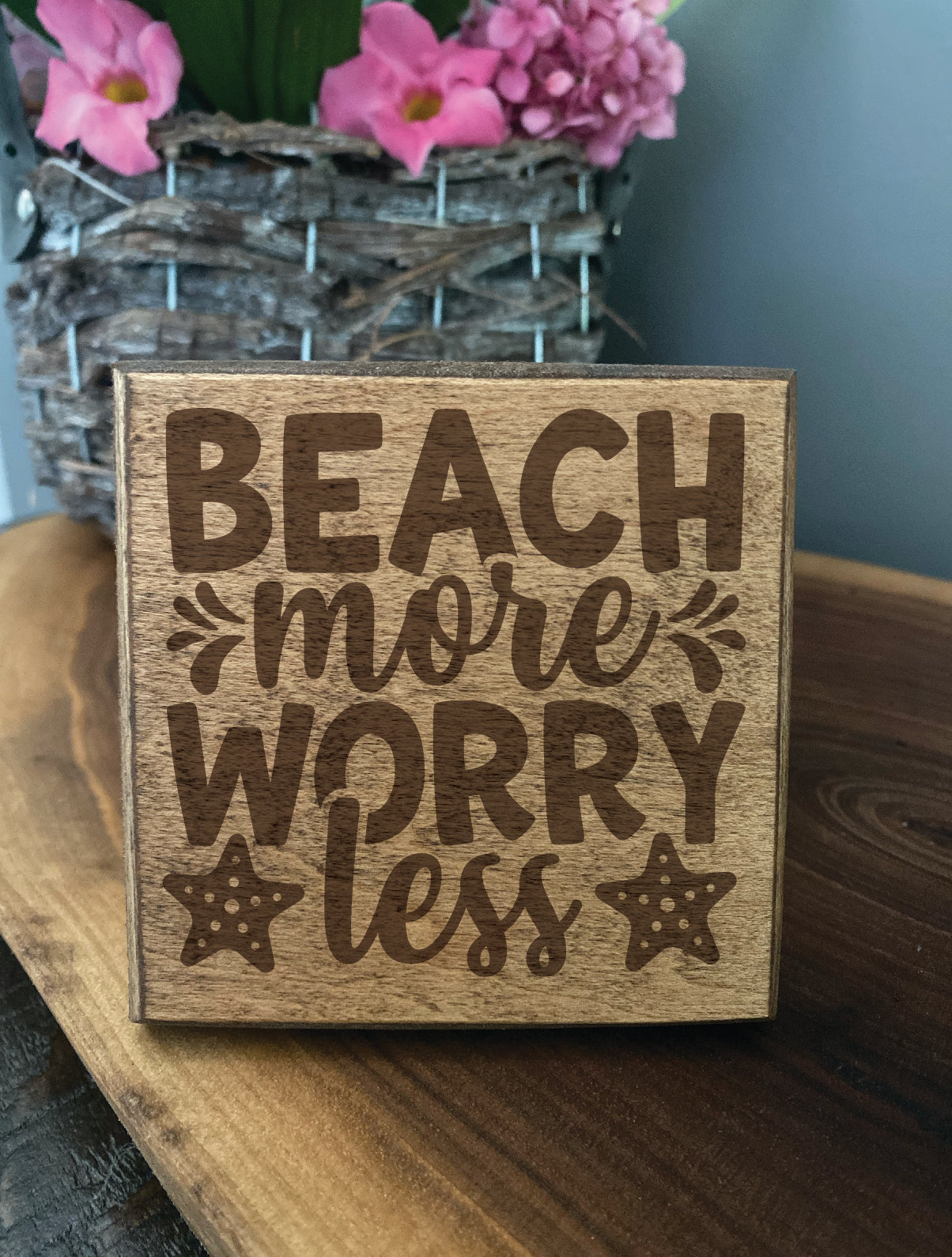 Set of four wood burned coasters with (Beach more worry less).