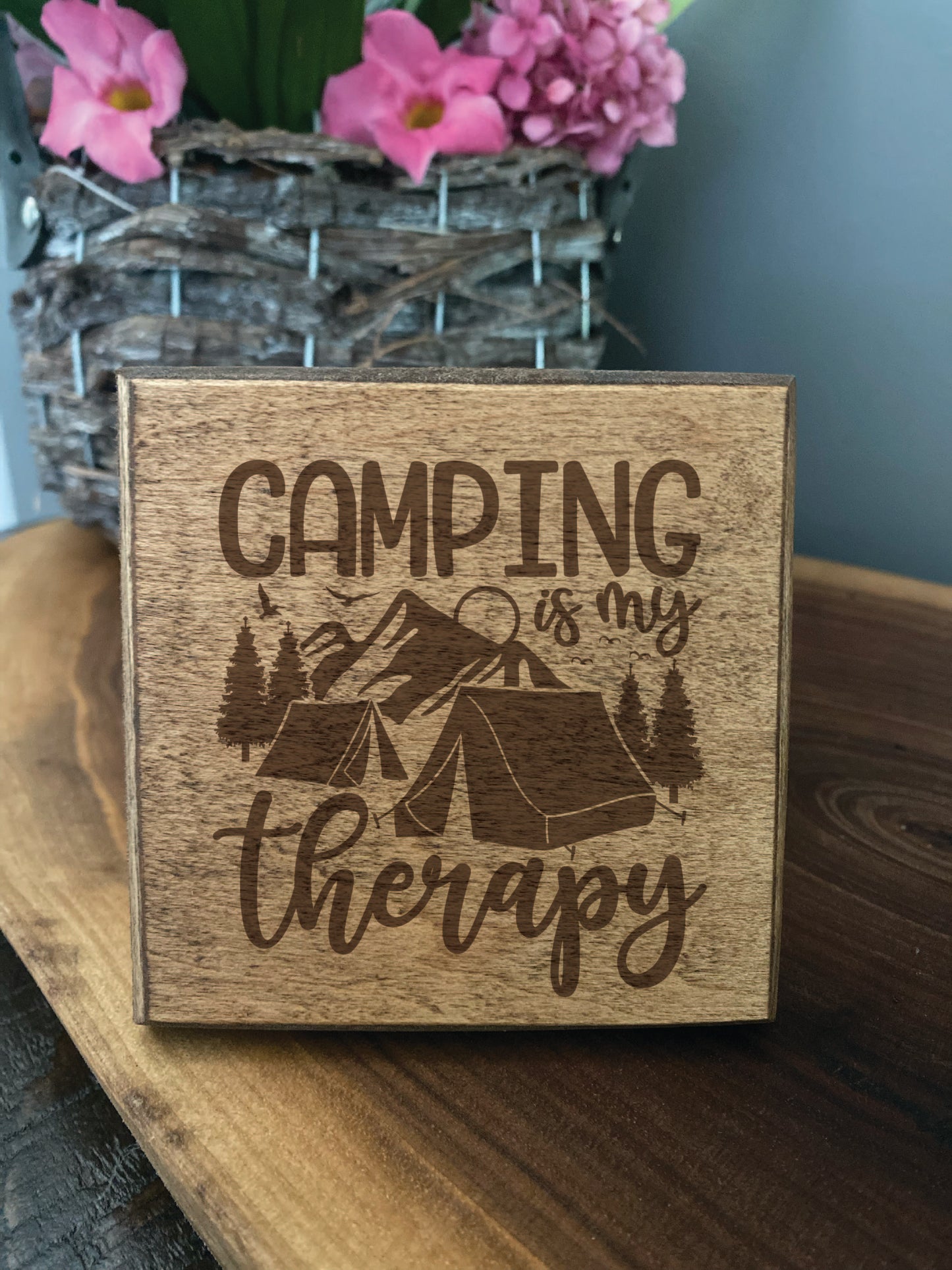 Set of four wood burned coasters with (Camping is my therapy).