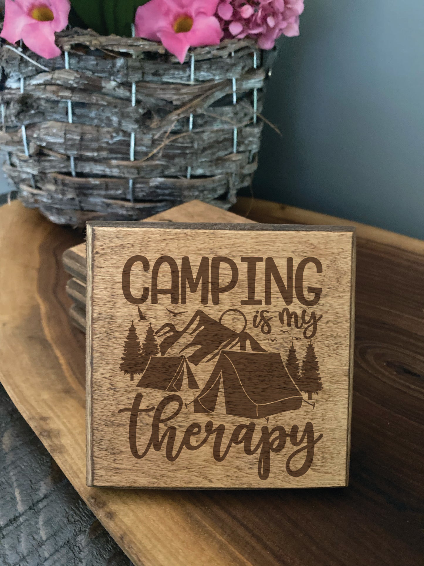 Set of four wood burned coasters with (Camping is my therapy).