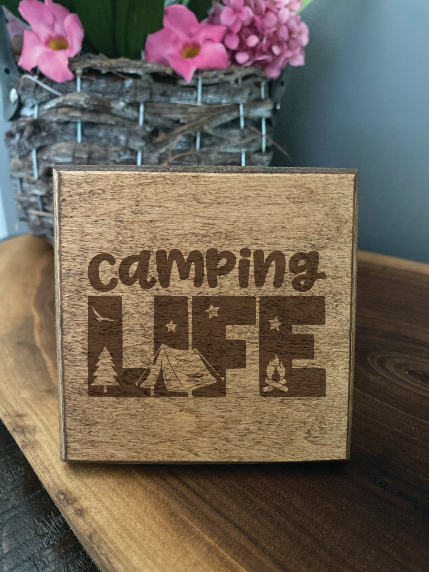 Set of four wood burned coasters with (Camping life).