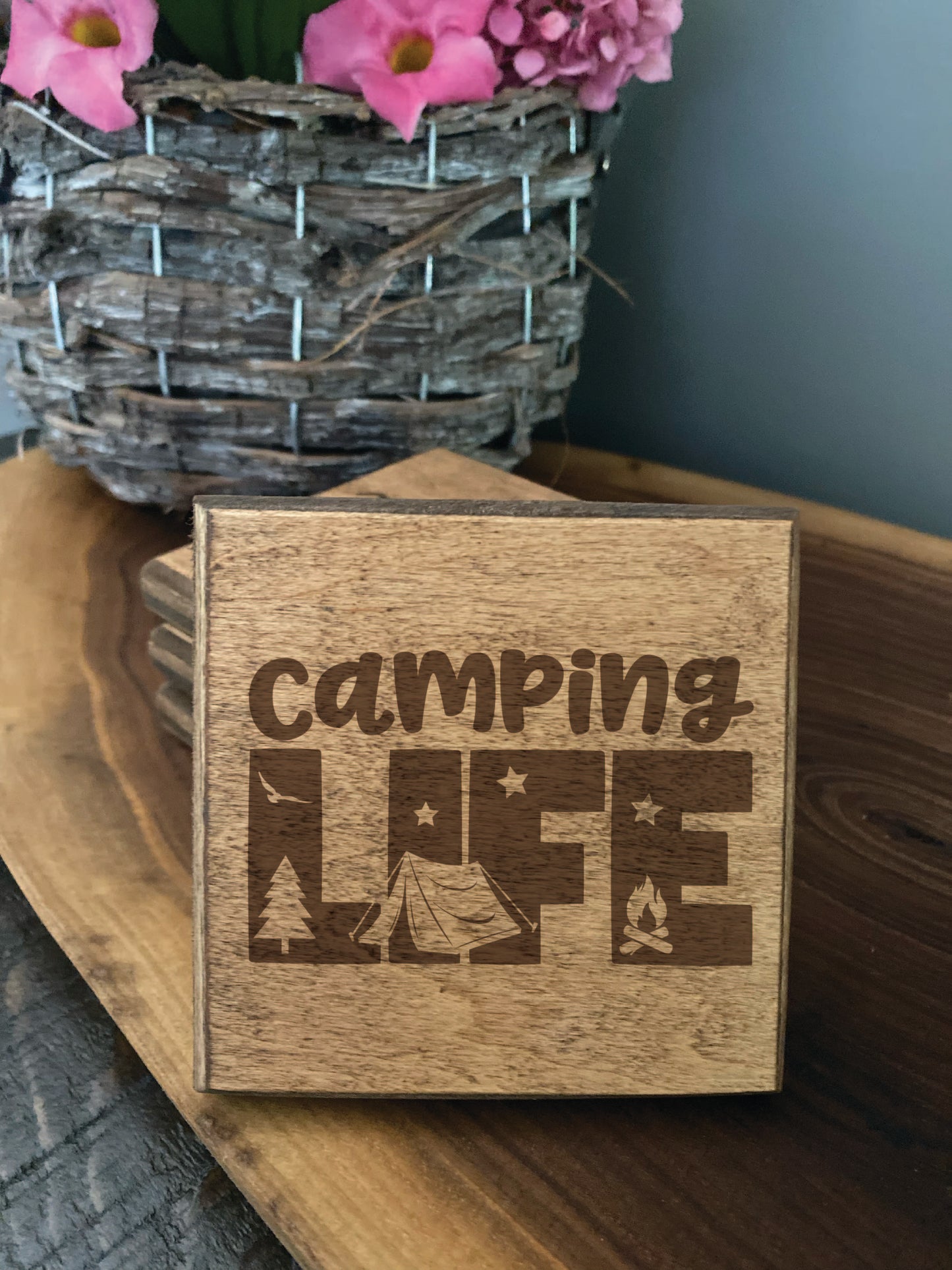 Set of four wood burned coasters with (Camping life).