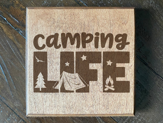 Set of four wood burned coasters with (Camping life).