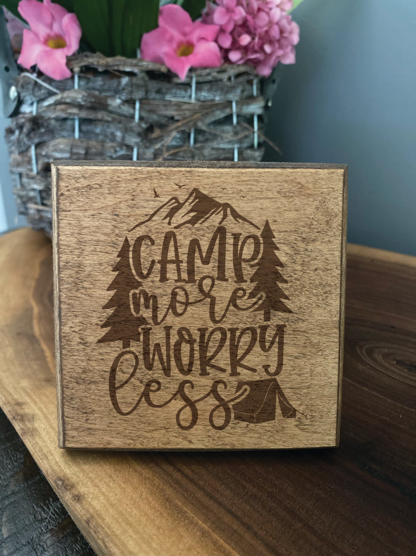 Set of four wood burned coasters with (Camp more worry less).Handcrafted with a rustic design.