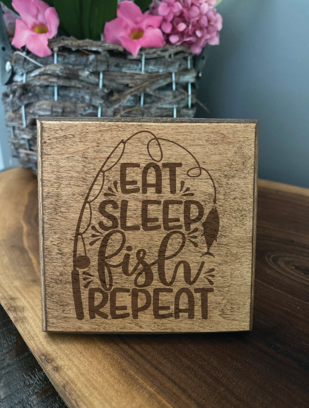 Set of four wood burned coasters with (Eat sleep fish repeat).