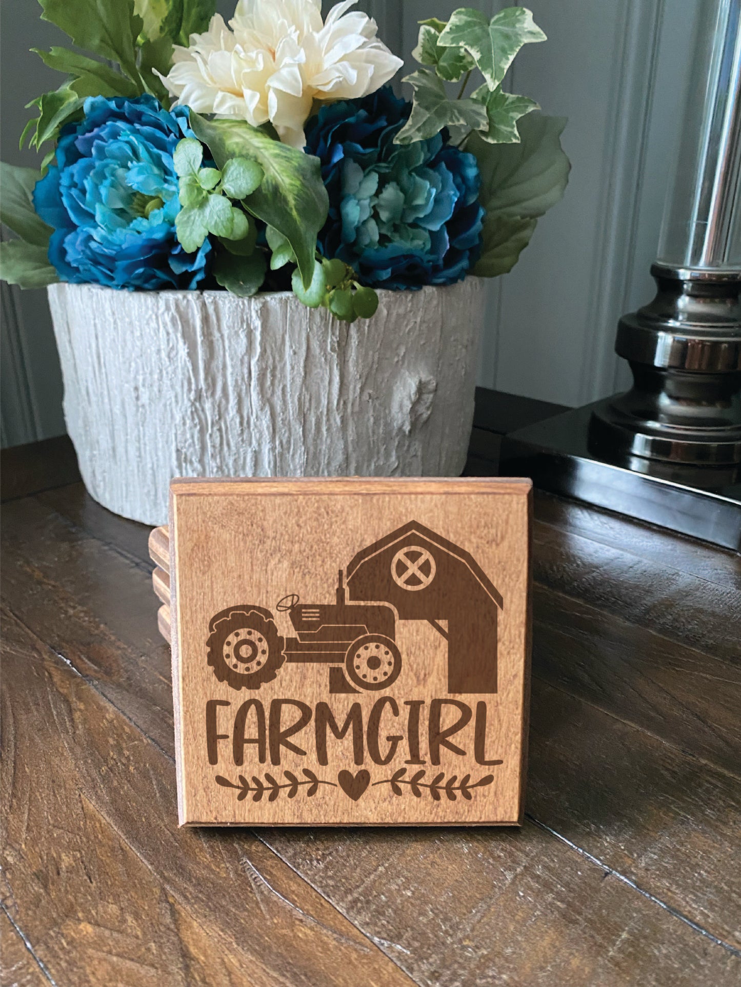 Set of four Wood burned coasters with (Farm girl).