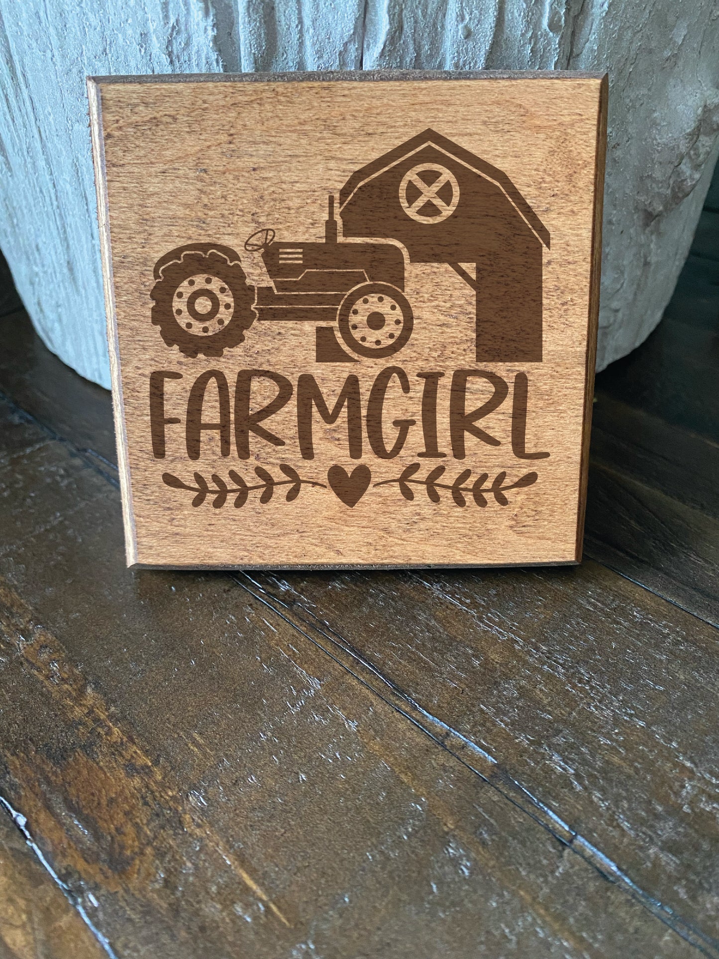 Set of four Wood burned coasters with (Farm girl).