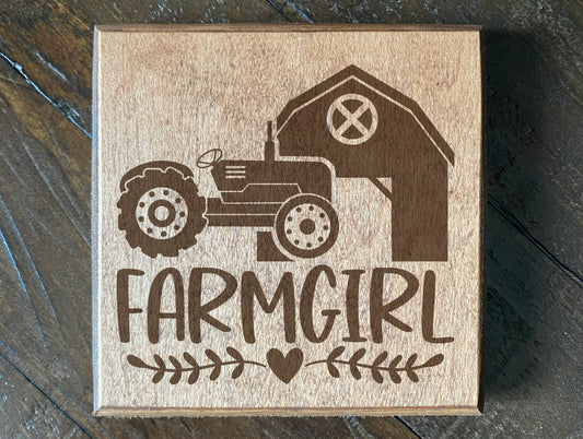 Set of four Wood burned coasters with (Farm girl).