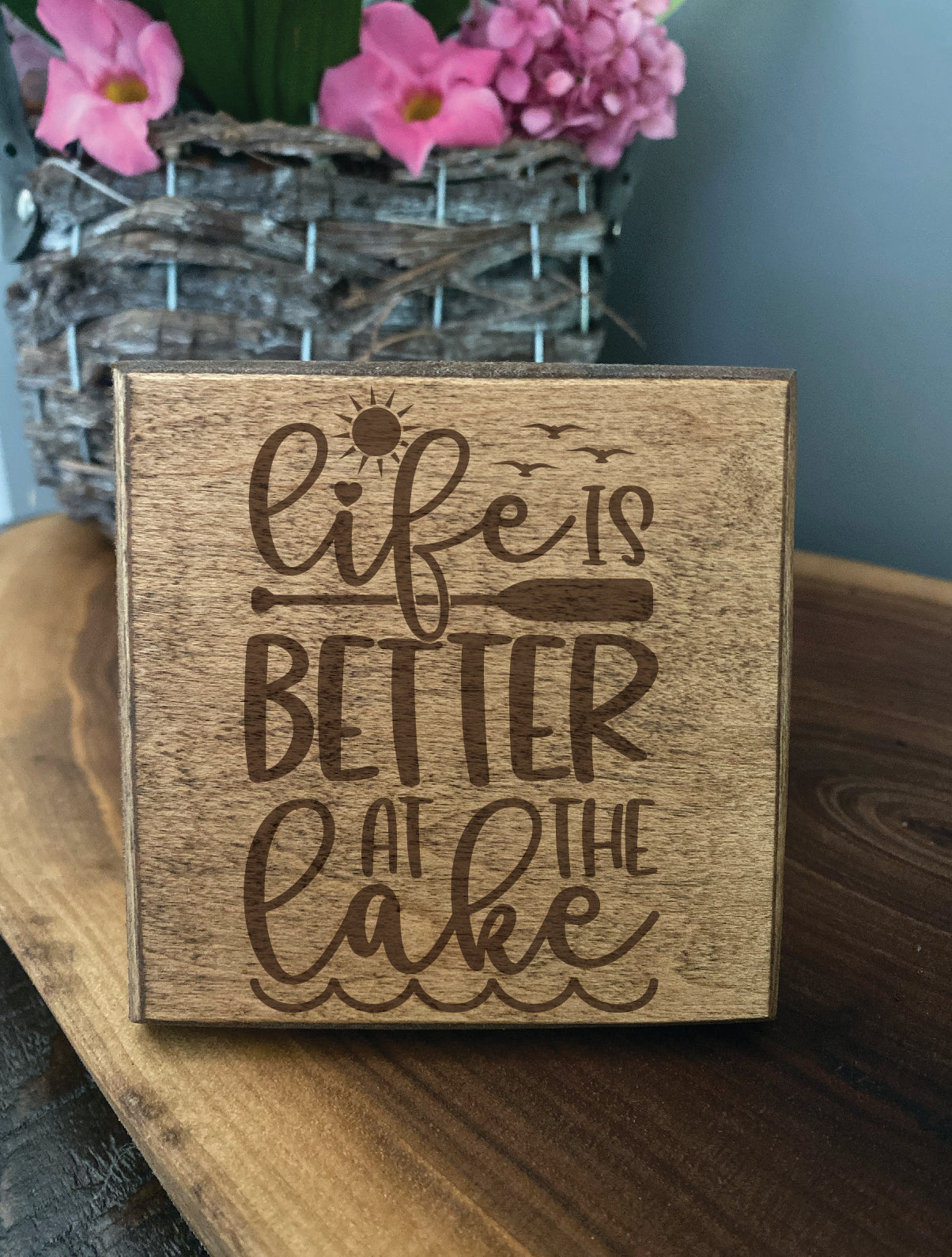 Set of four wood burned coasters with (Life is better at the lake).