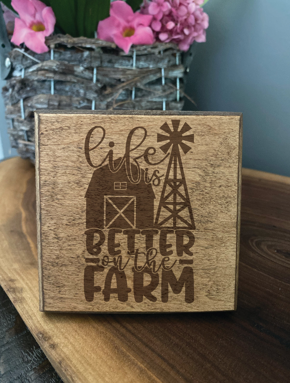 Set of four wood burned coasters with (Life is better on the farm).