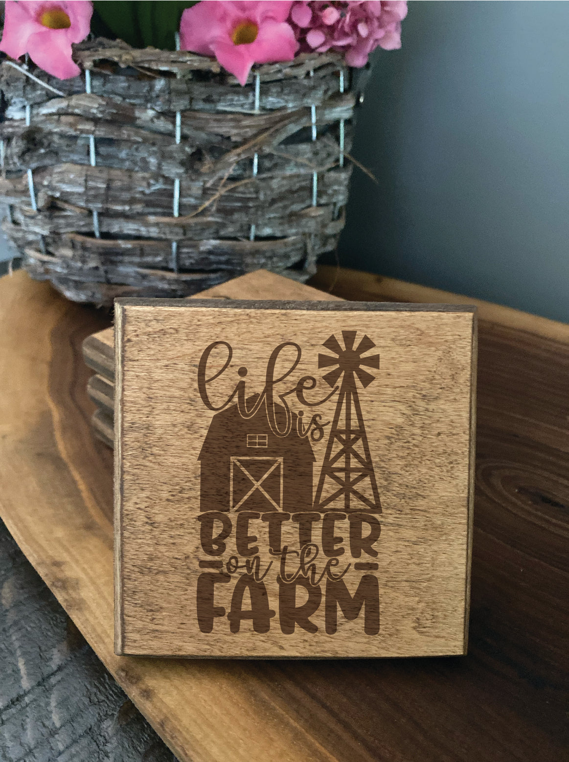 Set of four wood burned coasters with (Life is better on the farm).