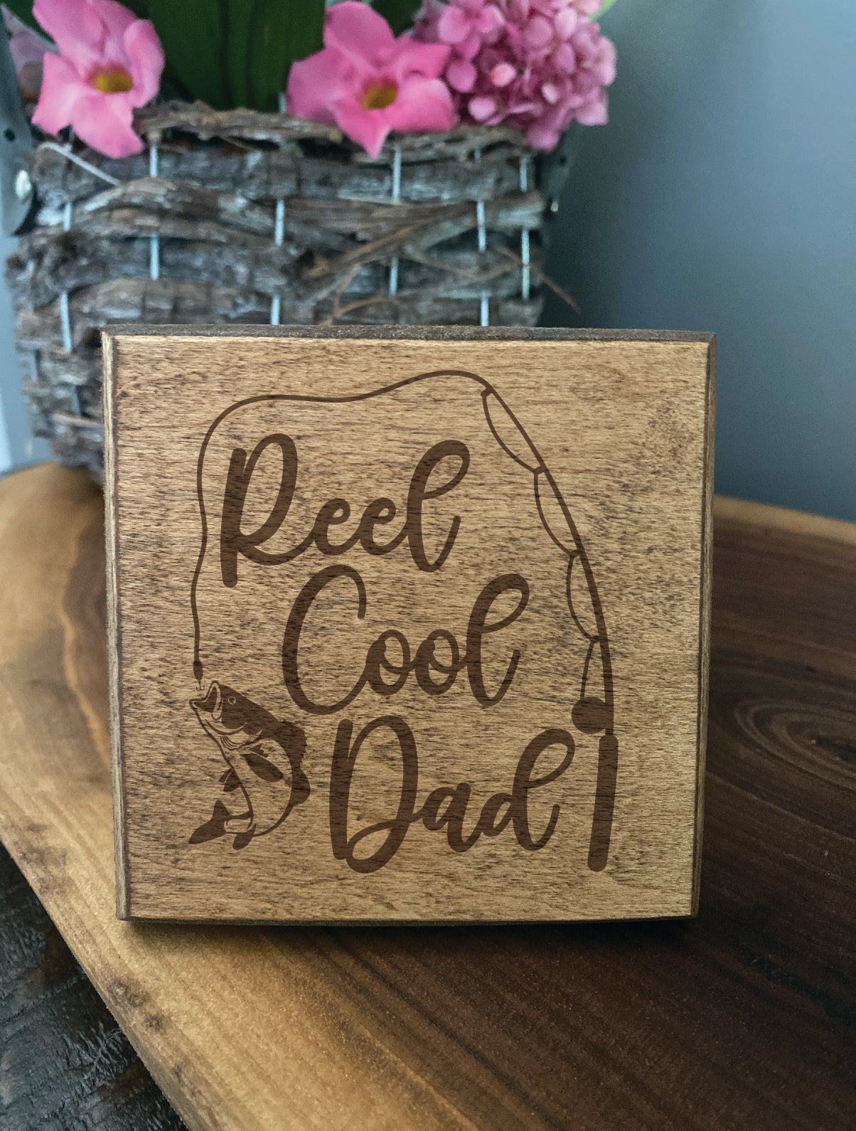 Set of four wood burned coasters with (Reel cool dad).