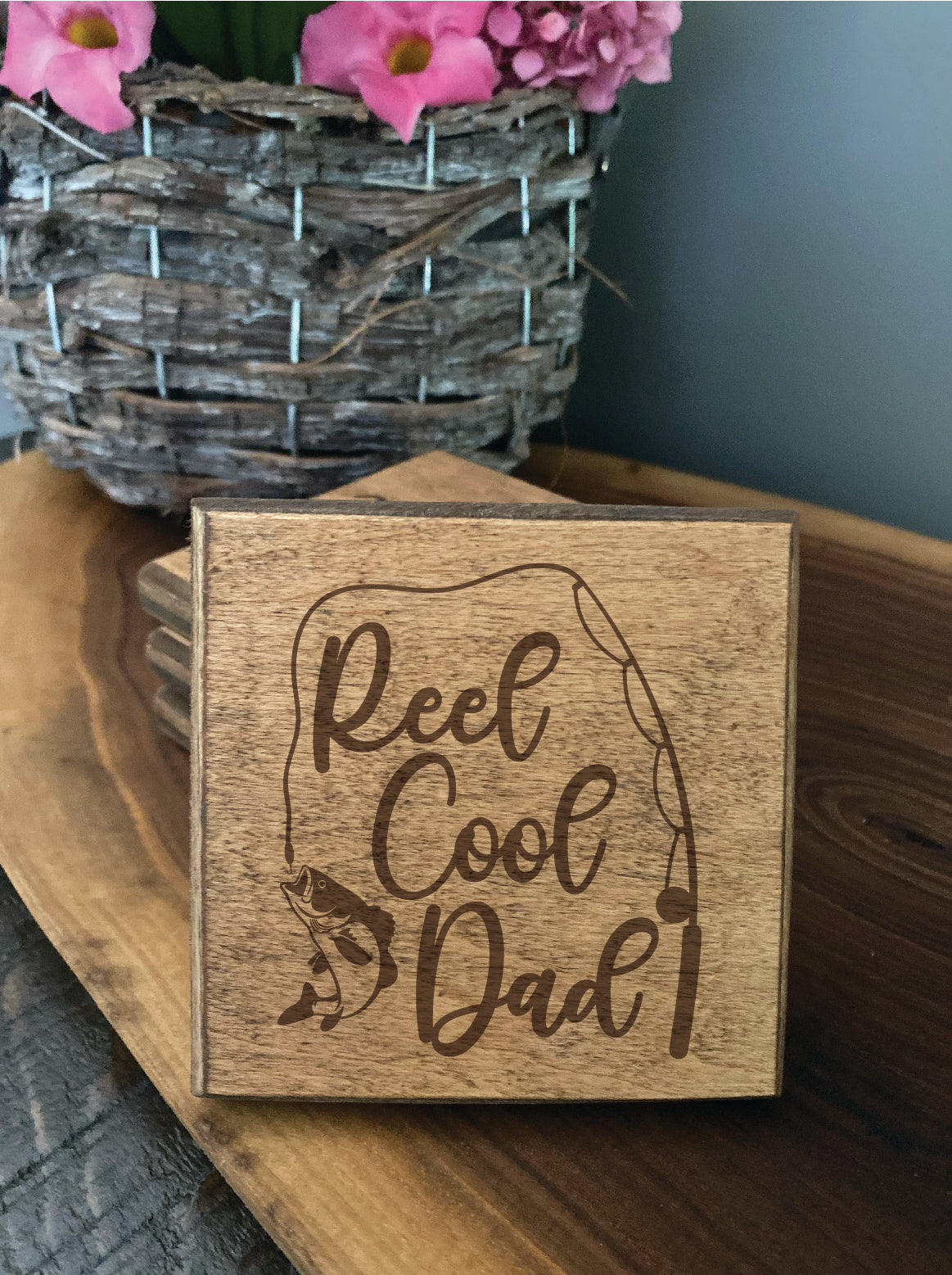 Set of four wood burned coasters with (Reel cool dad).