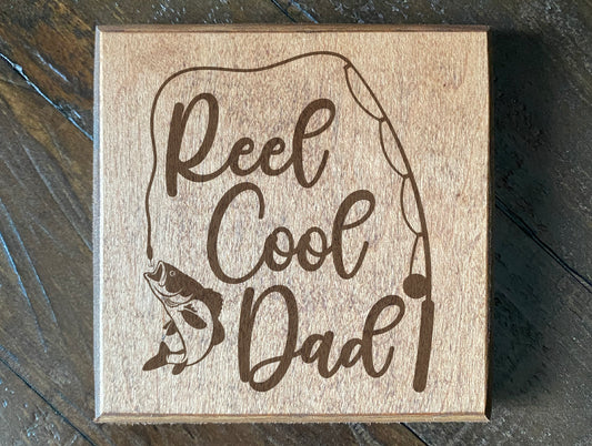 Set of four wood burned coasters with (Reel cool dad).