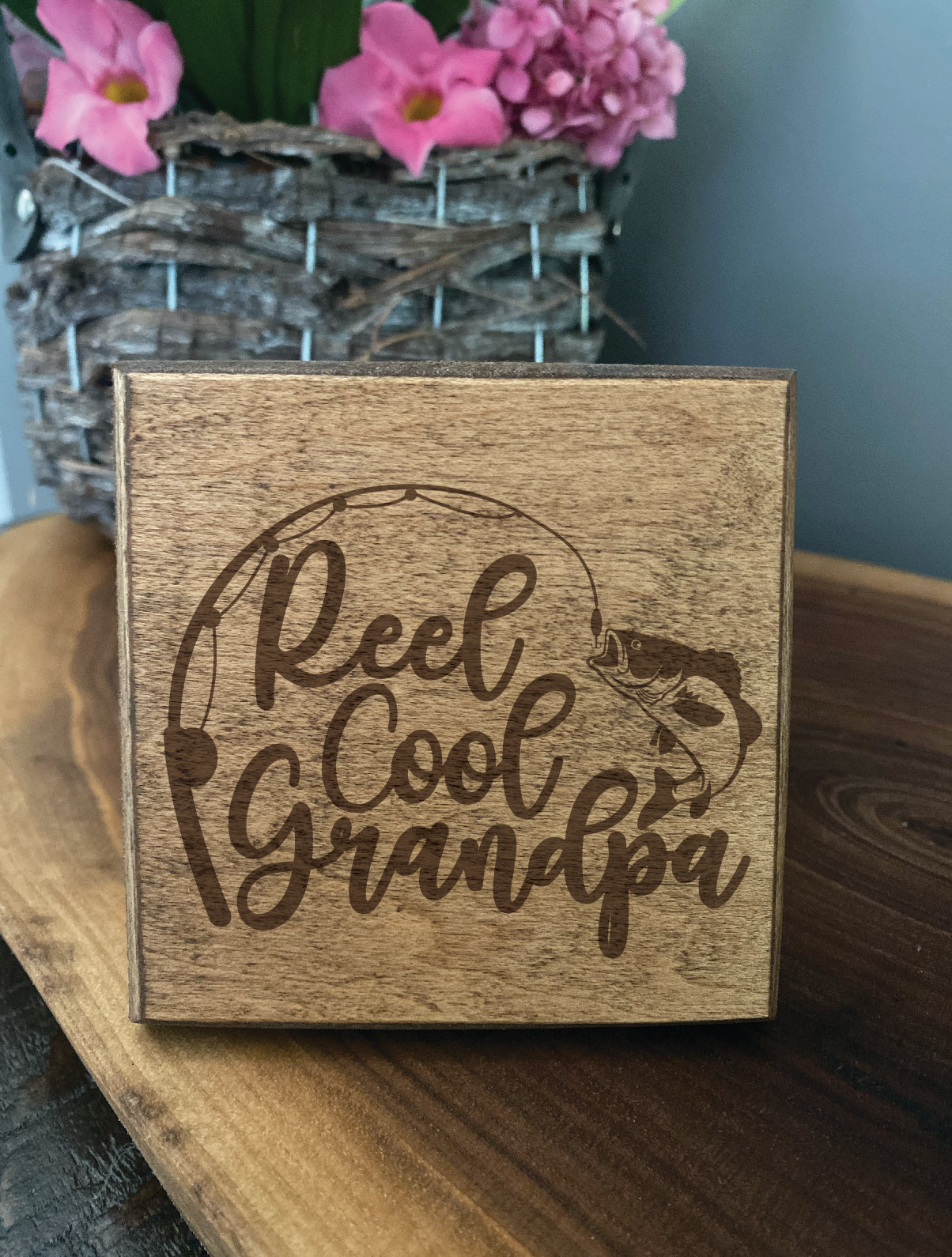 Set of four wood burned coasters with (Reel cool grandpa).