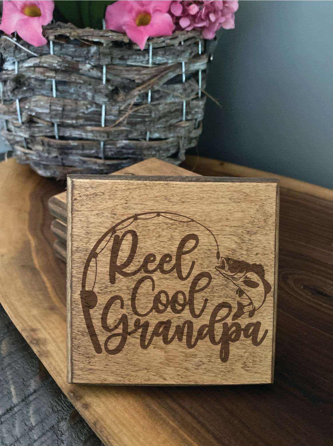 Set of four wood burned coasters with (Reel cool grandpa).