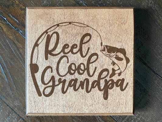 Set of four wood burned coasters with (Reel cool grandpa).