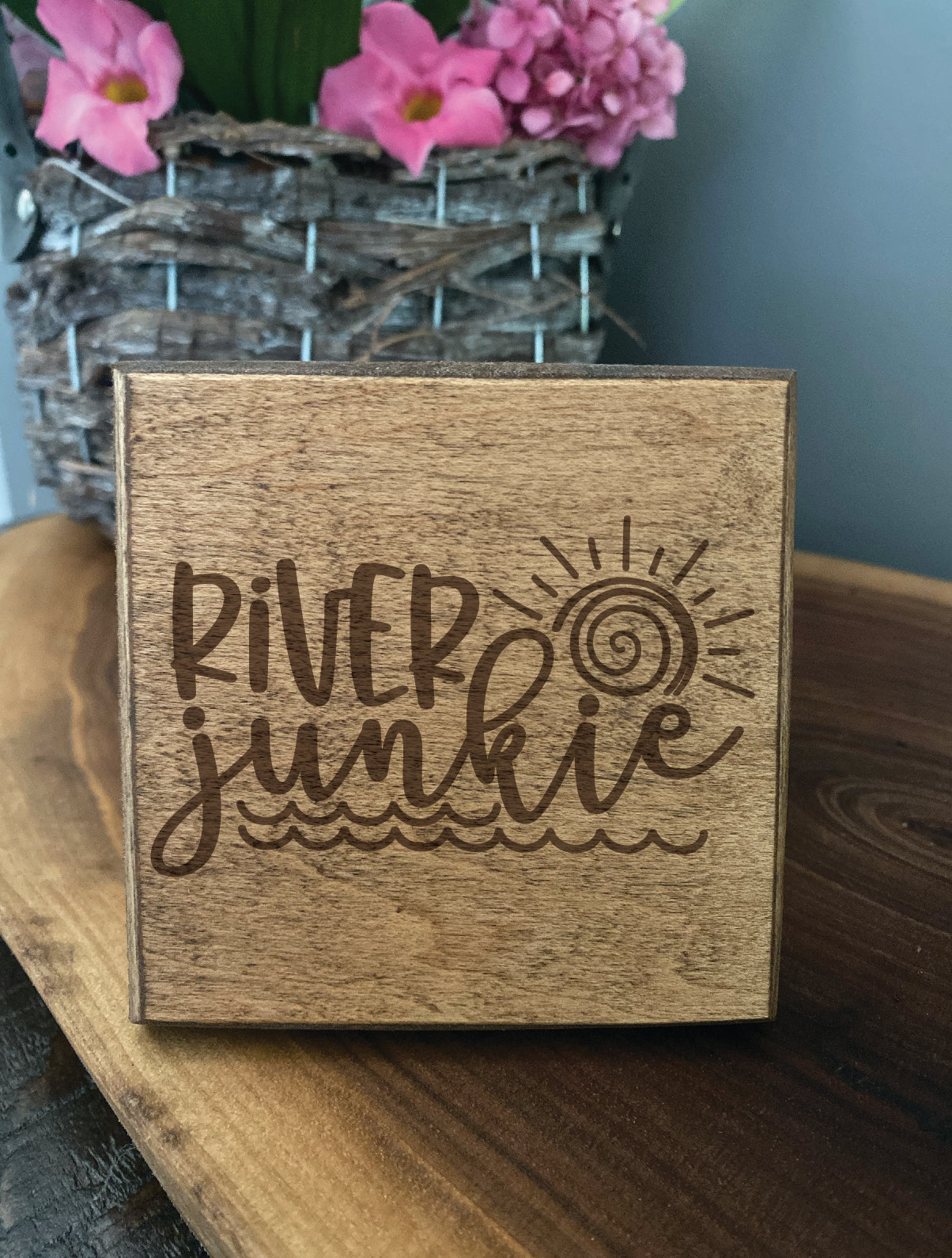 Set of four wood burned coasters with (River junkie).