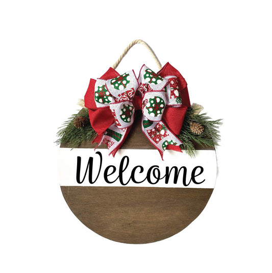 Handcrafted 16" Welcome seasonal front door wreath sign with gift bow.