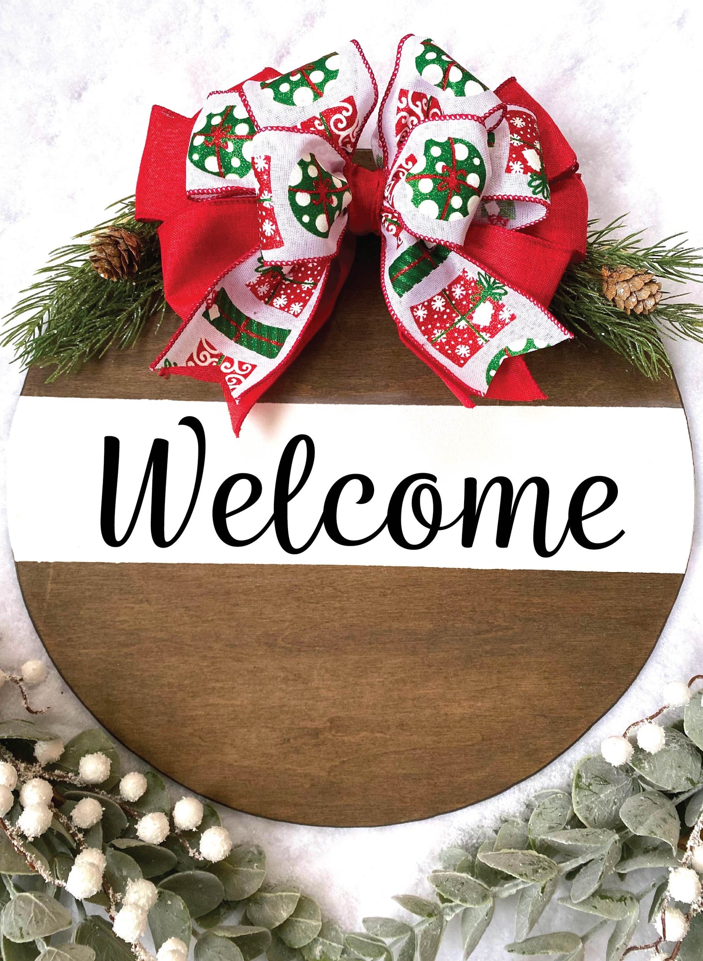 Handcrafted 16" Welcome seasonal front door wreath sign with gift bow.