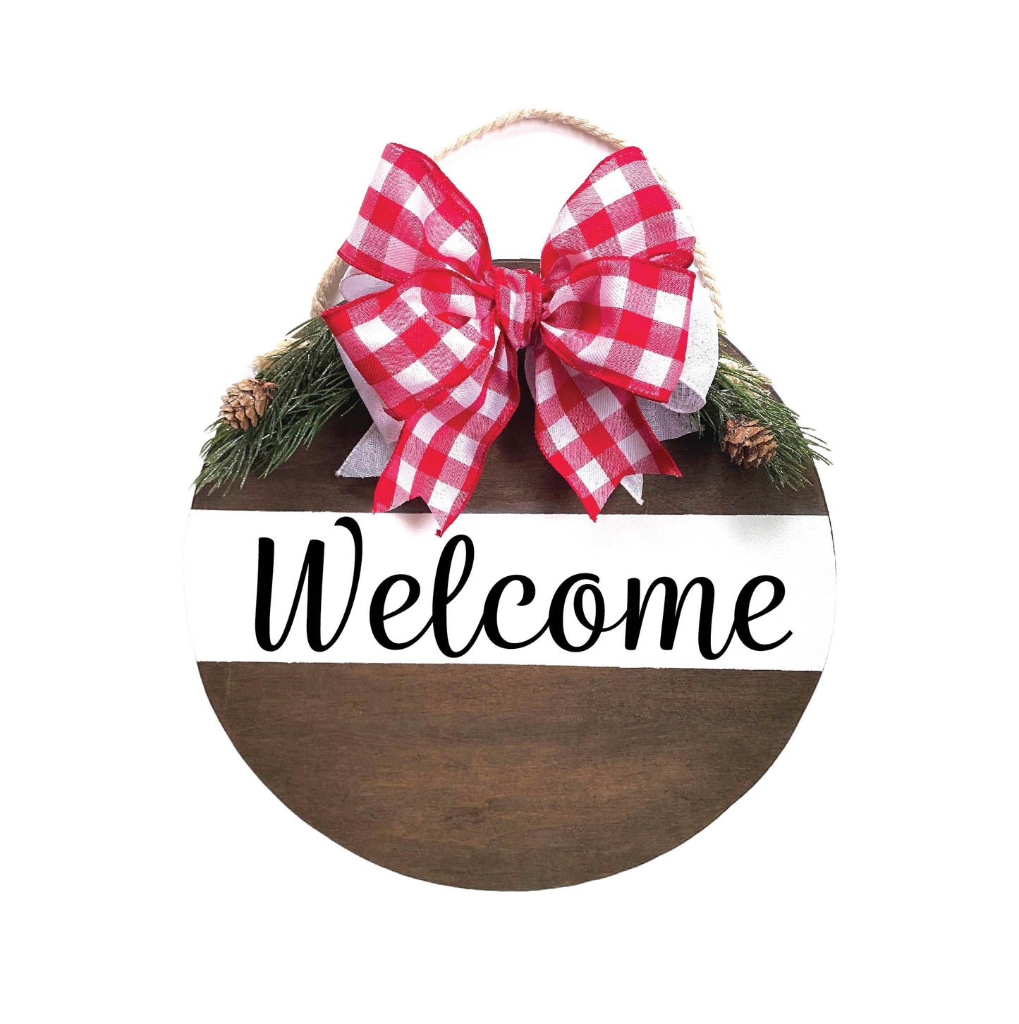 Handcrafted 16" Welcome seasonal front door wreath sign with checkered bow.