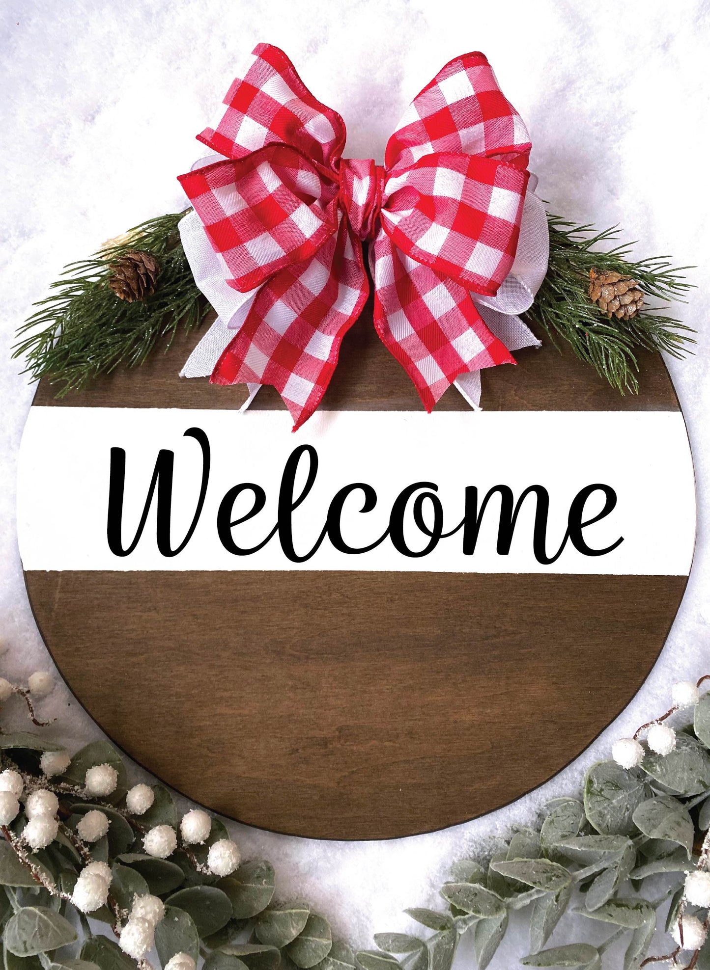 Handcrafted 16" Welcome seasonal front door wreath sign with checkered bow.