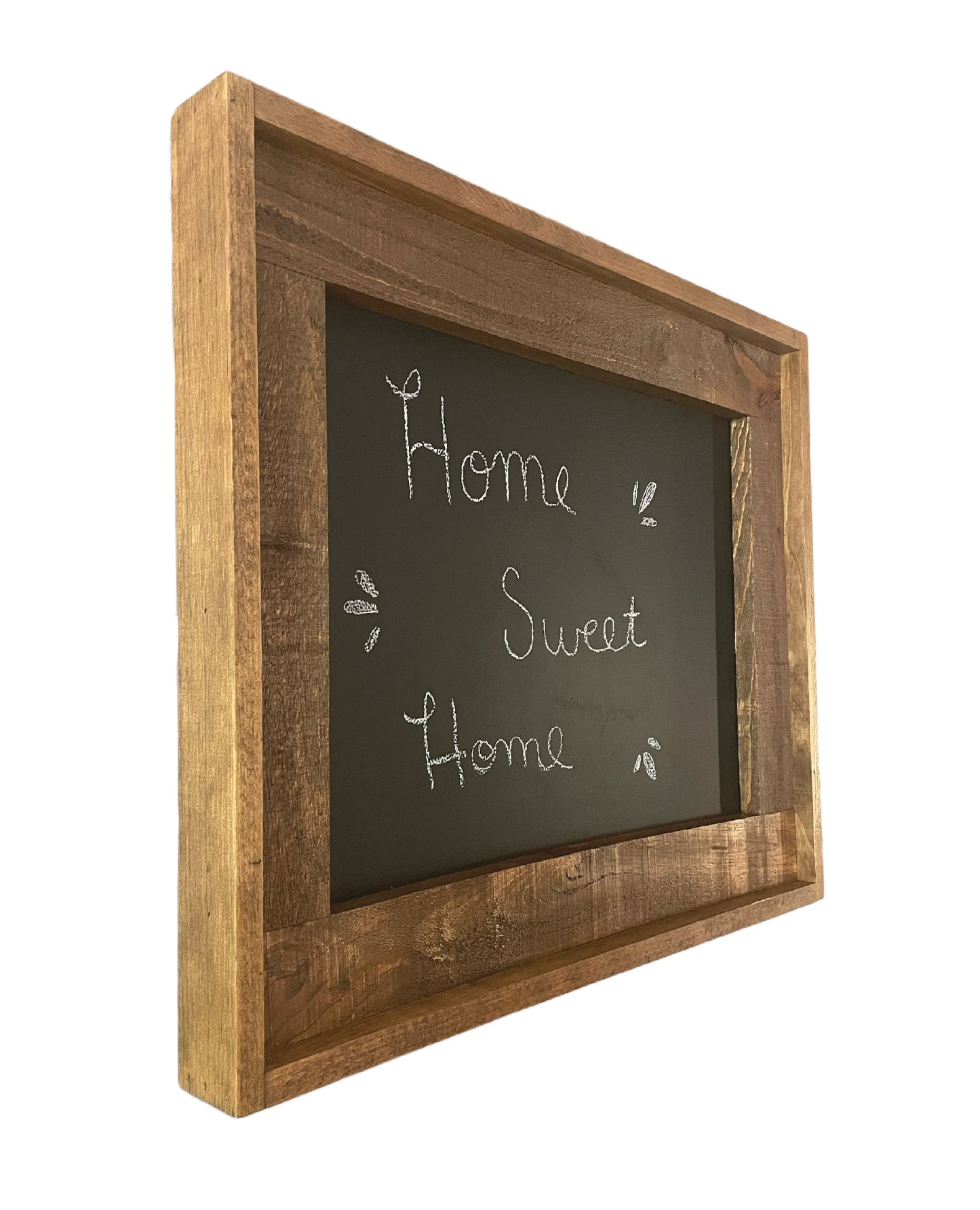 Rustic pine chalkboard with straight edge picture frame finish.