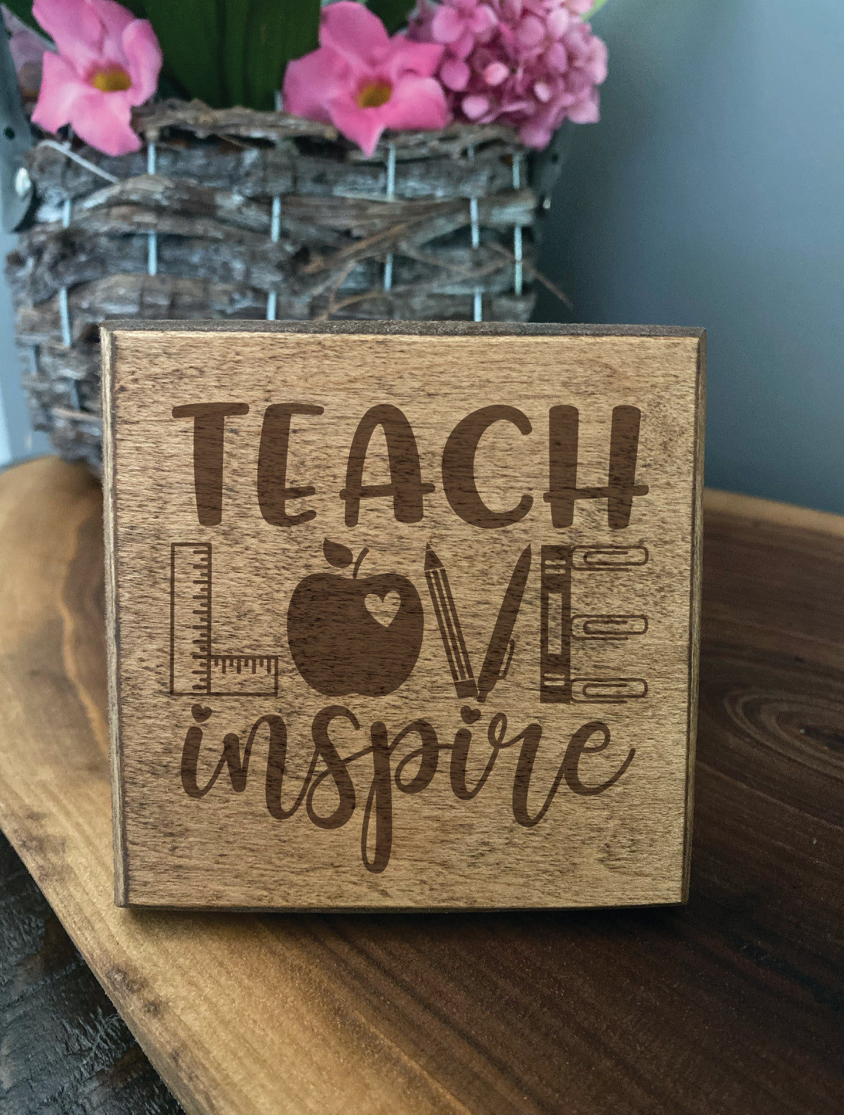 Set of four wood burned coasters with (Teach love inspire).