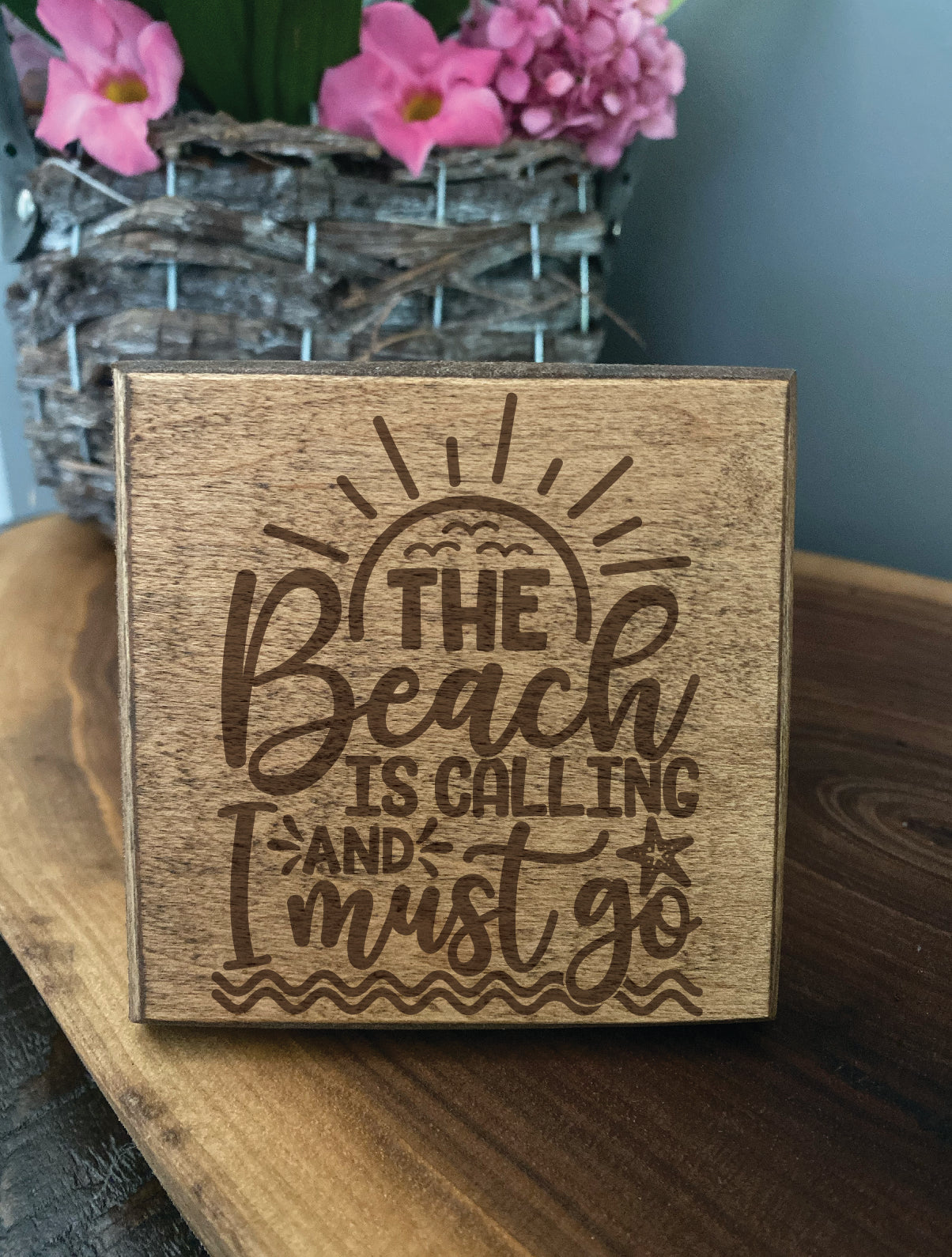 Set of four wood burned coasters with (The beach is calling and i must go).