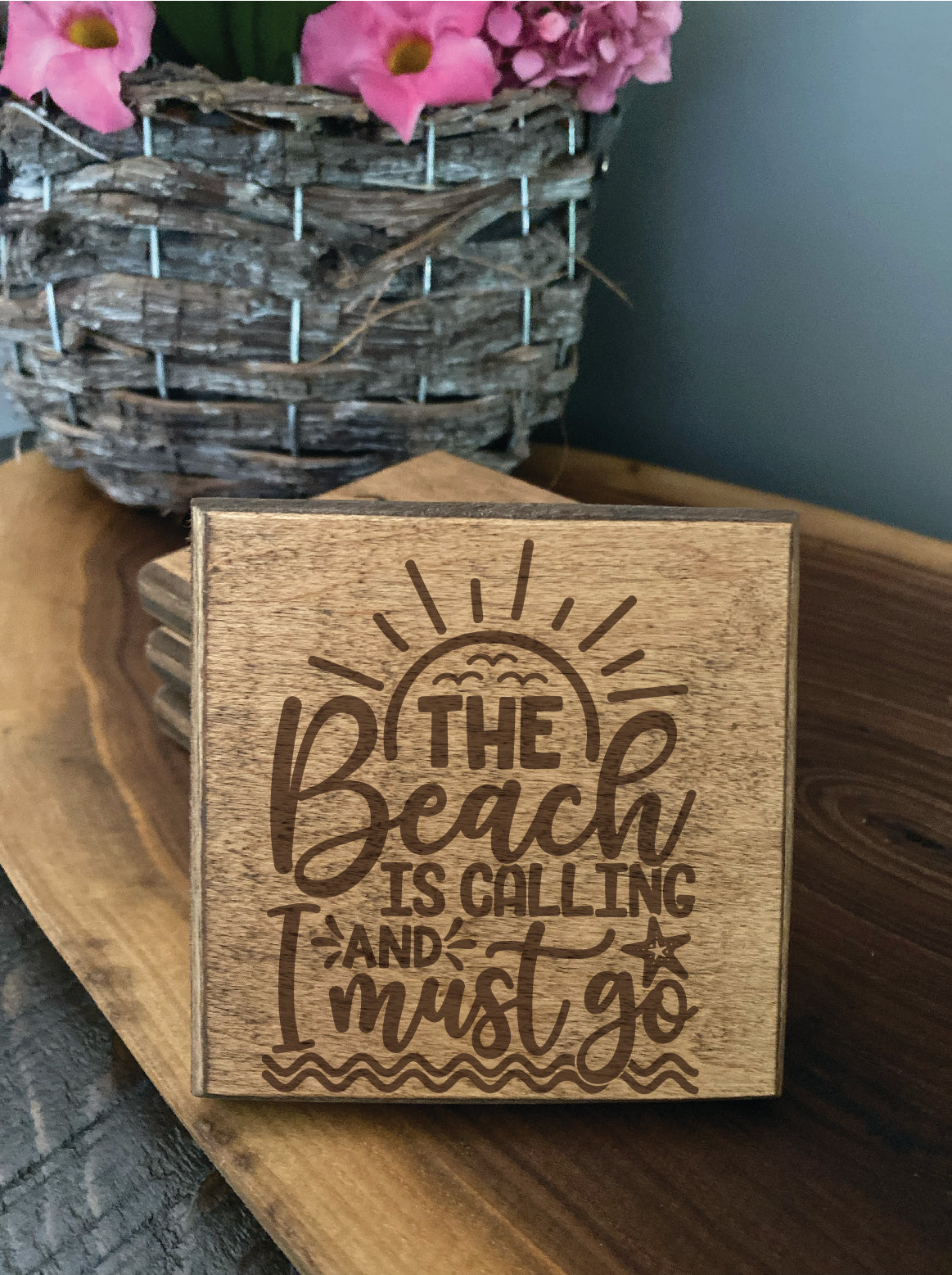 Set of four wood burned coasters with (The beach is calling and i must go).