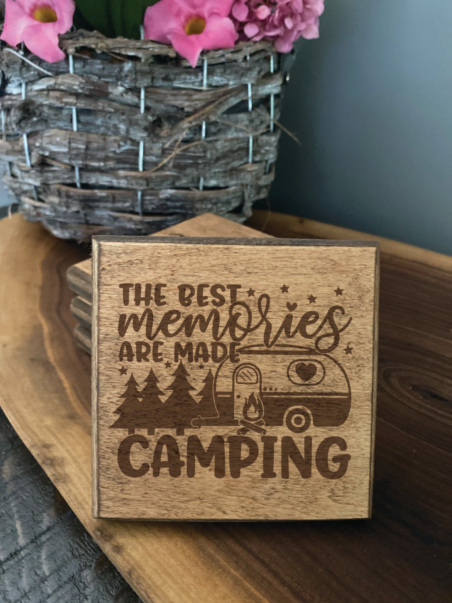 Set of four wood burned coasters with (The best memories are made camping). Handcrafted with a rustic design