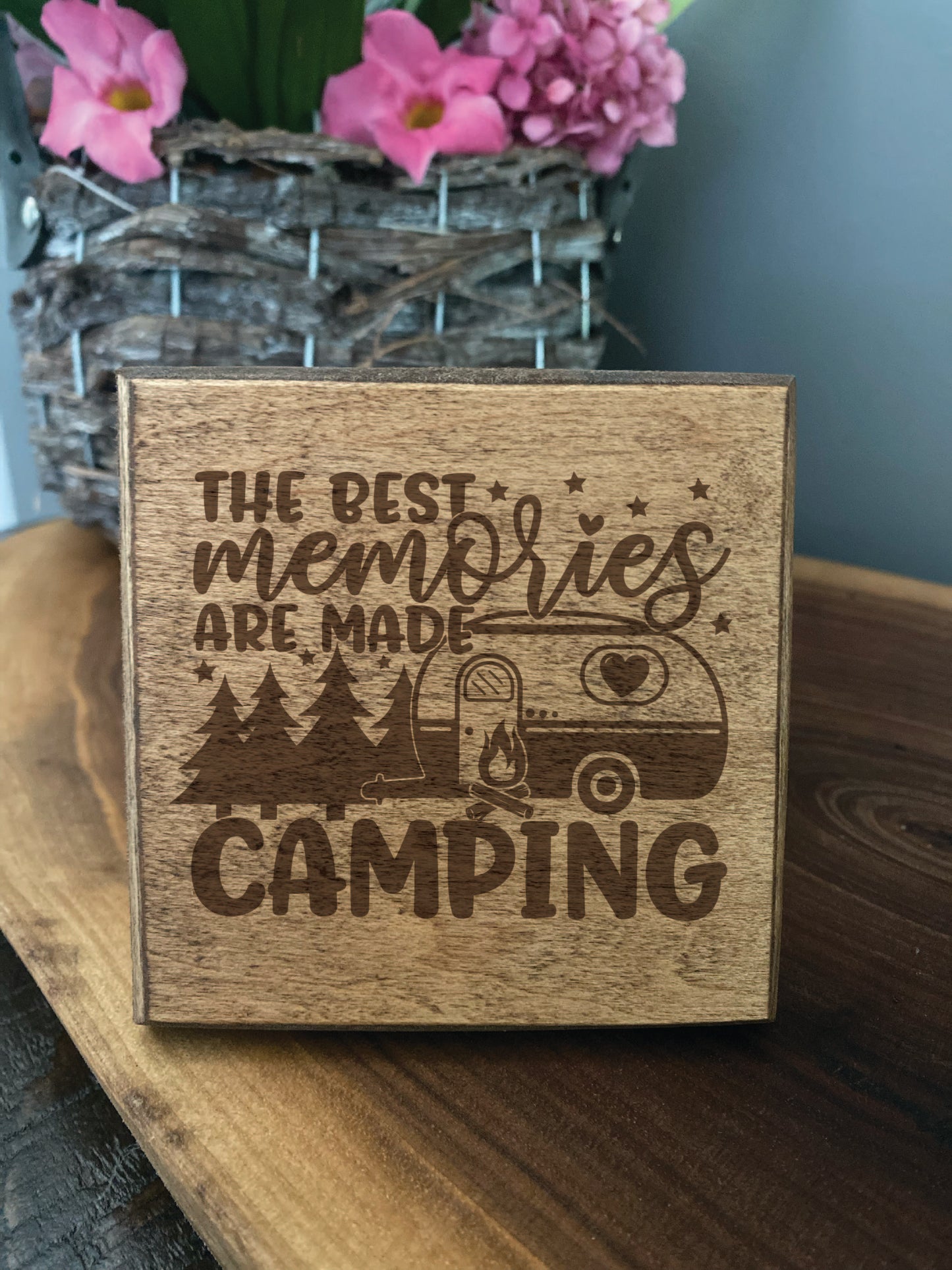 Set of four wood burned coasters with (The best memories are made camping). Handcrafted with a rustic design