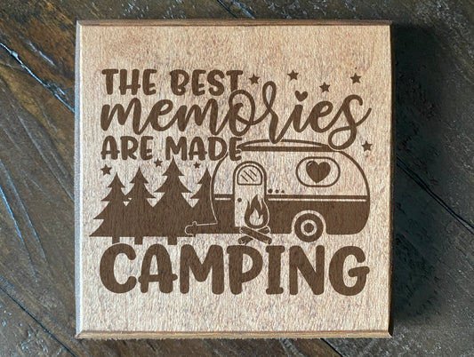 Set of four wood burned coasters with (The best memories are made camping). Handcrafted with a rustic design