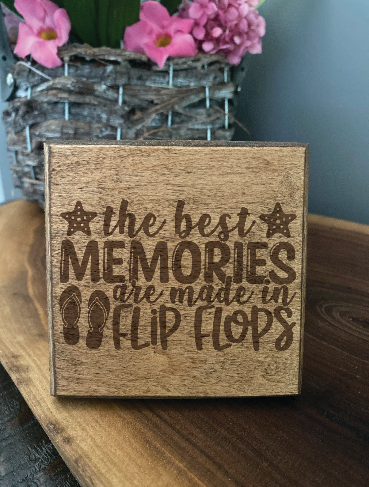 Set of four wood burned coasters with (The best memories are made in flip flops).