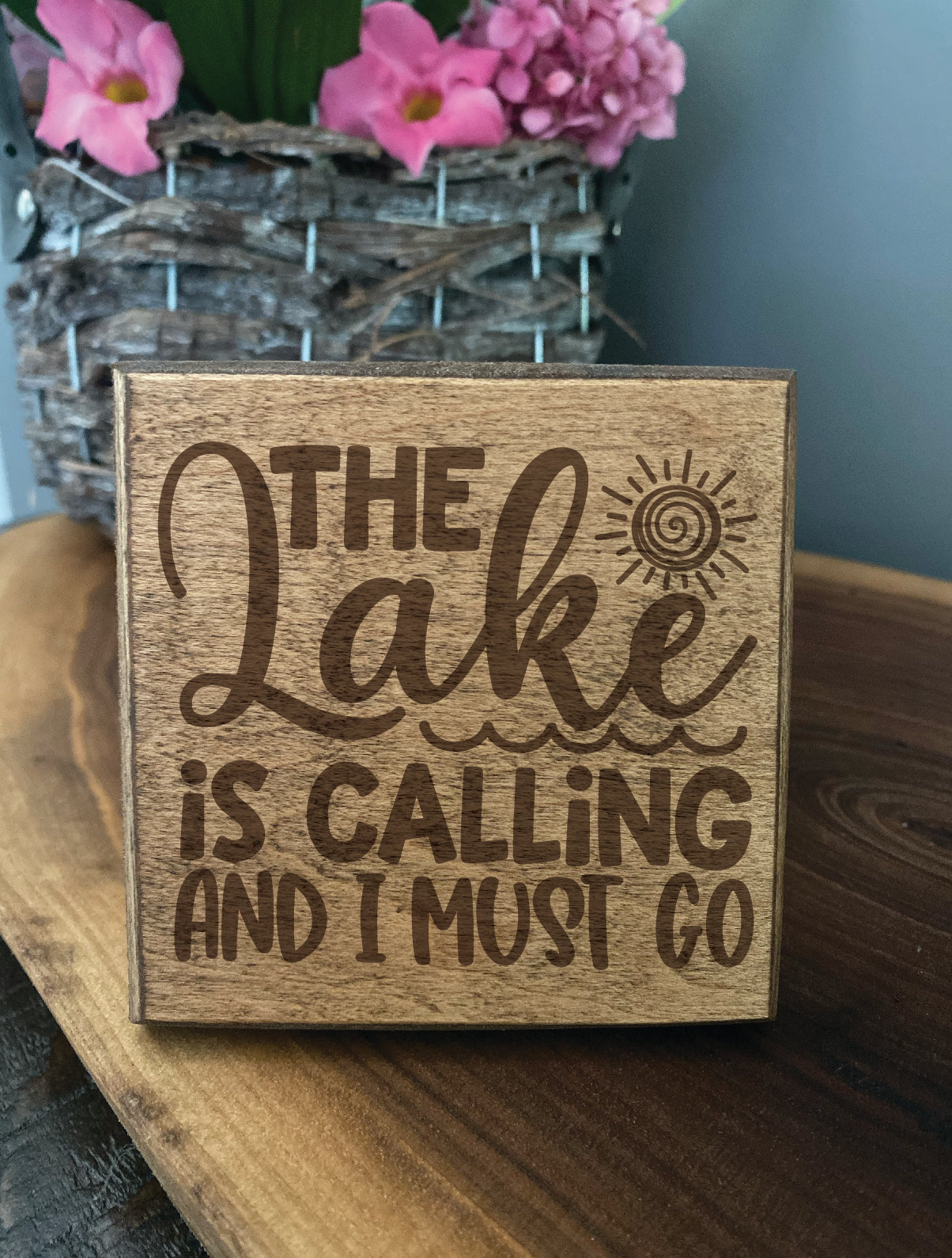 Set of four wood burned coasters with (The lake is calling and i must go).