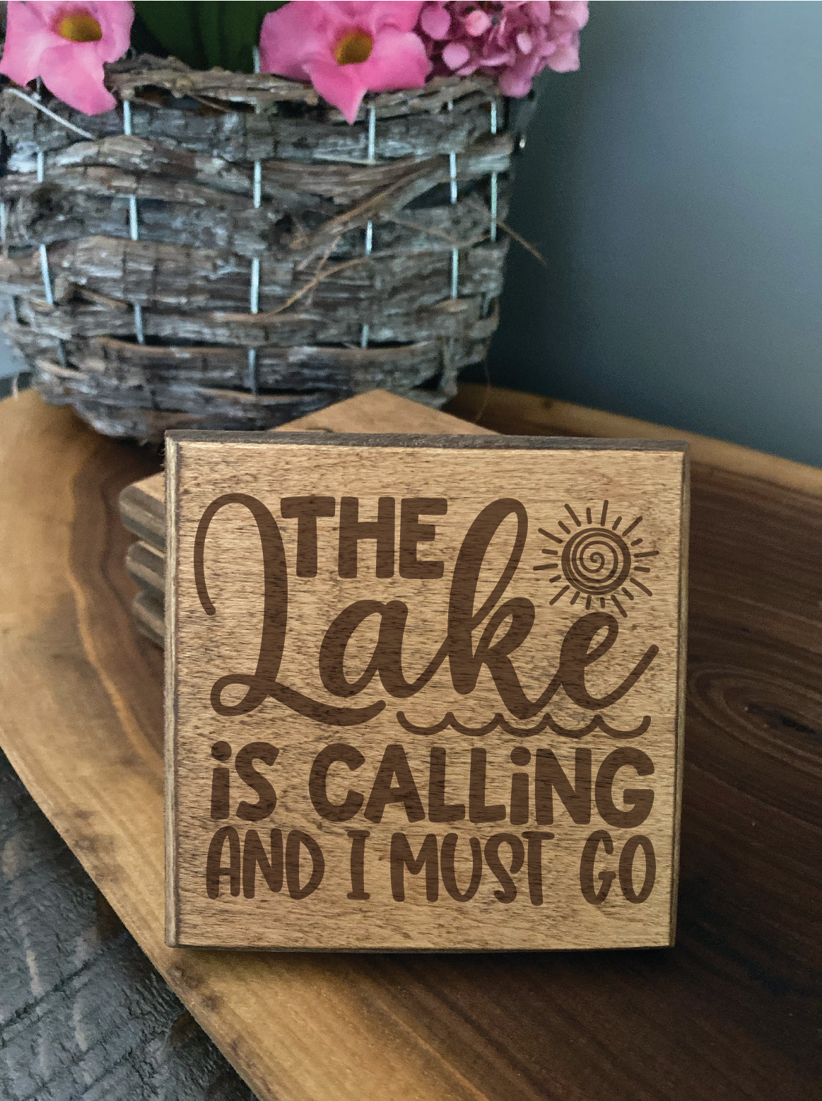 Set of four wood burned coasters with (The lake is calling and i must go).