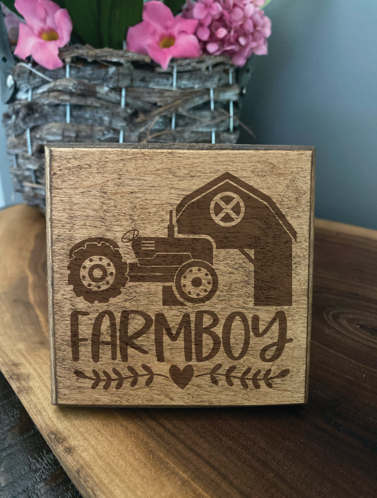 Set of four wood burned coasters with (Farm boy).