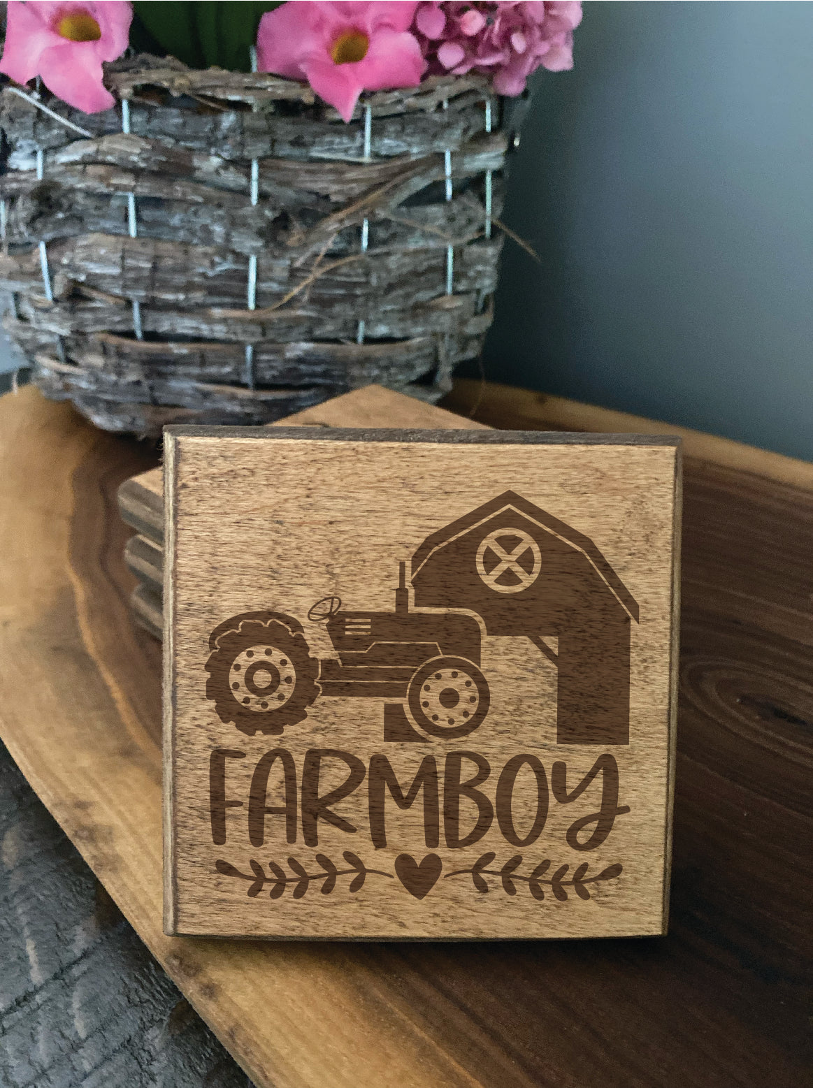 Set of four wood burned coasters with (Farm boy).