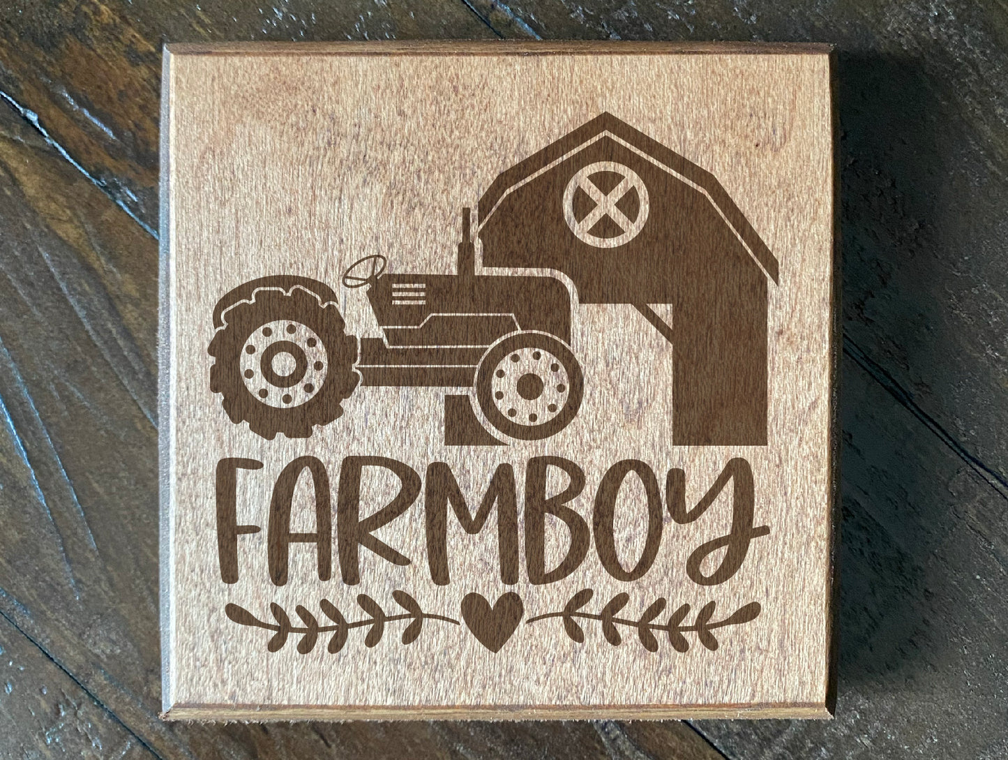 Set of four wood burned coasters with (Farm boy).