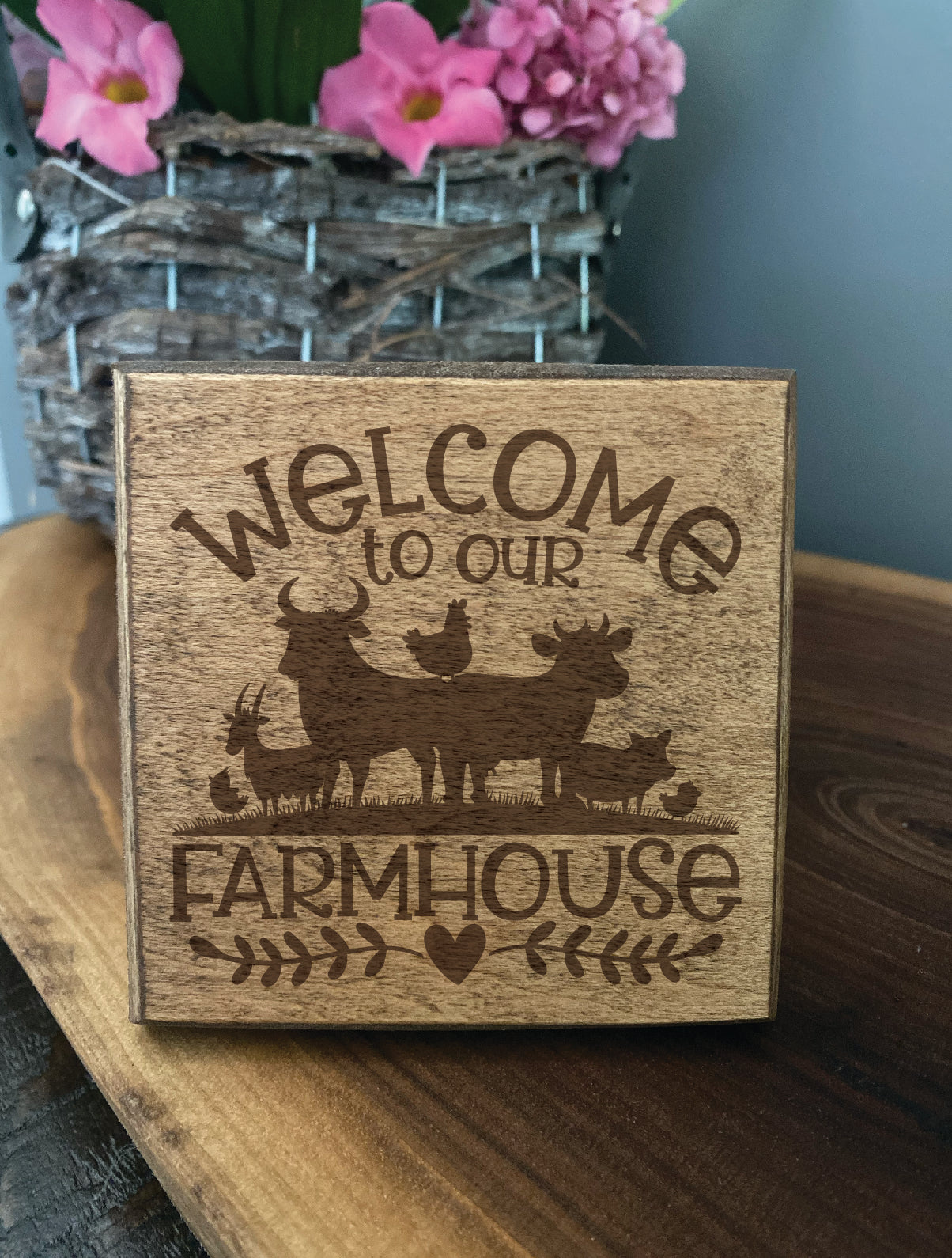 Set of four wood burned coasters with (Welcome to our farm house).