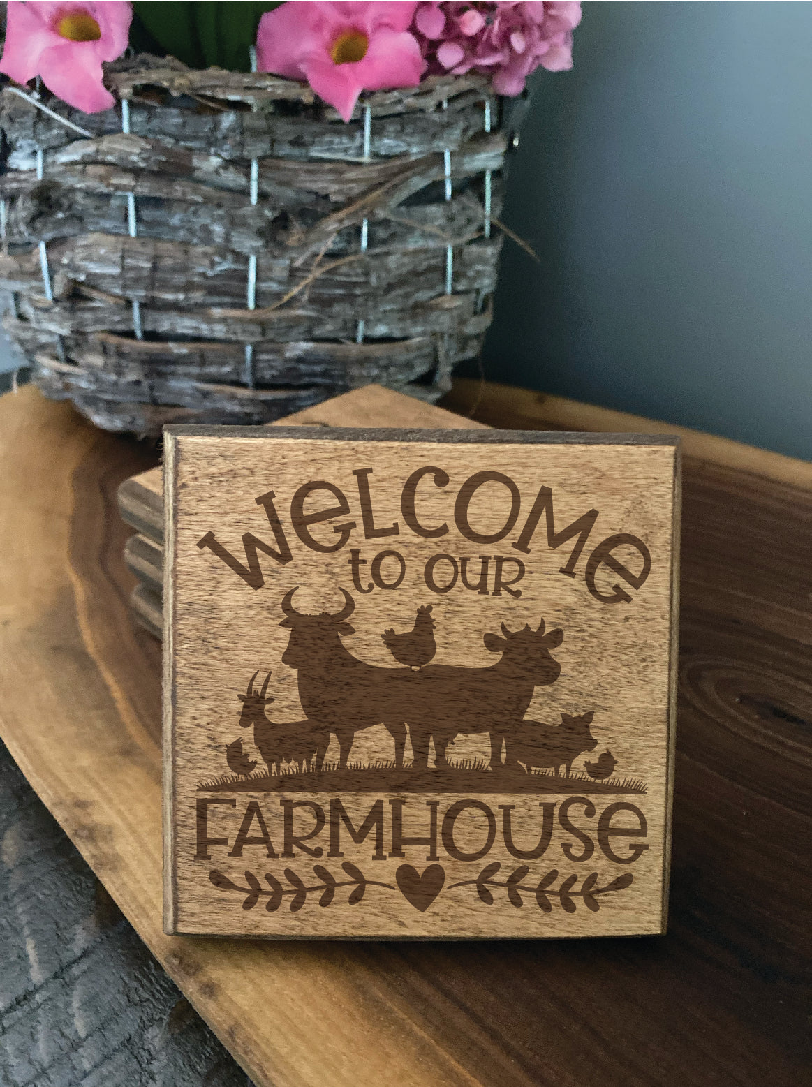 Set of four wood burned coasters with (Welcome to our farm house).